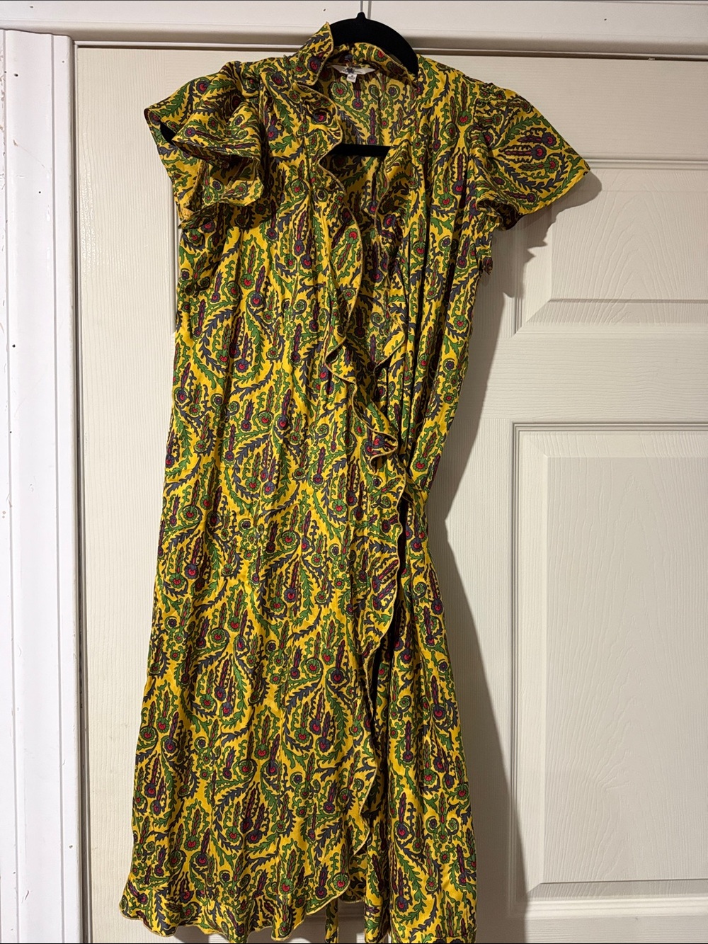 L.L. Bean signature Yellow Paisley Ruffle Wrap Midi Dress